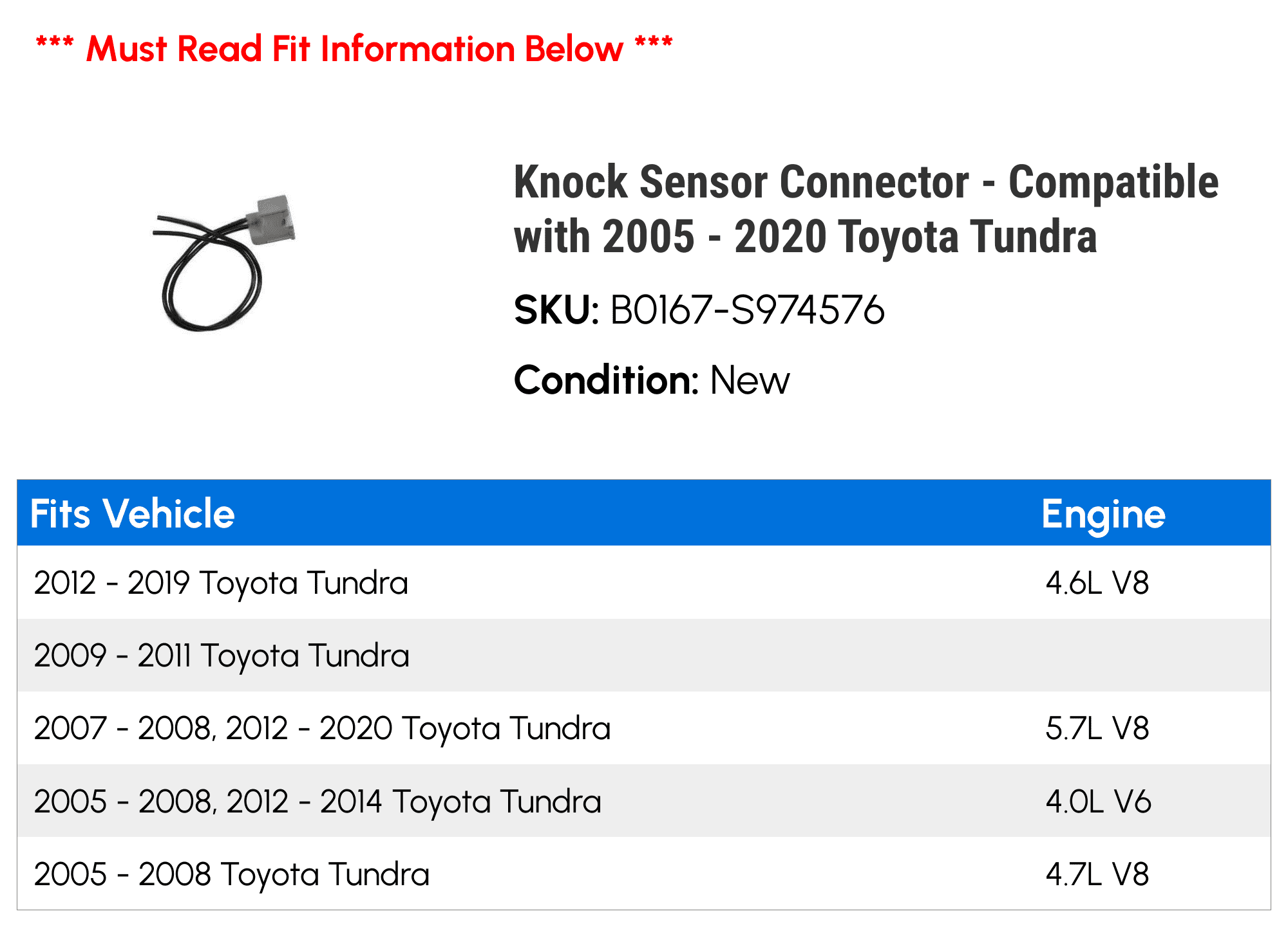 Knock Sensor Connector - Compatible with 2005 - 2020 Toyota Tundra 2006 2007 2008 2009 2010 2011 2012 2013 2014 2015 2016 2017 2018 2019