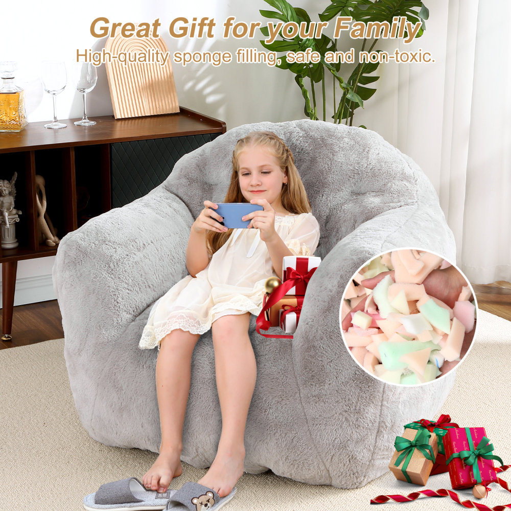 Kojooin Bean Bag Chair with Filler, 39” Giant Bean Bag Sofa for Adults Kids, Soft Cozy Large Beanbag Sofa Chair with Armrests for Living Room Bedroom, Light gray