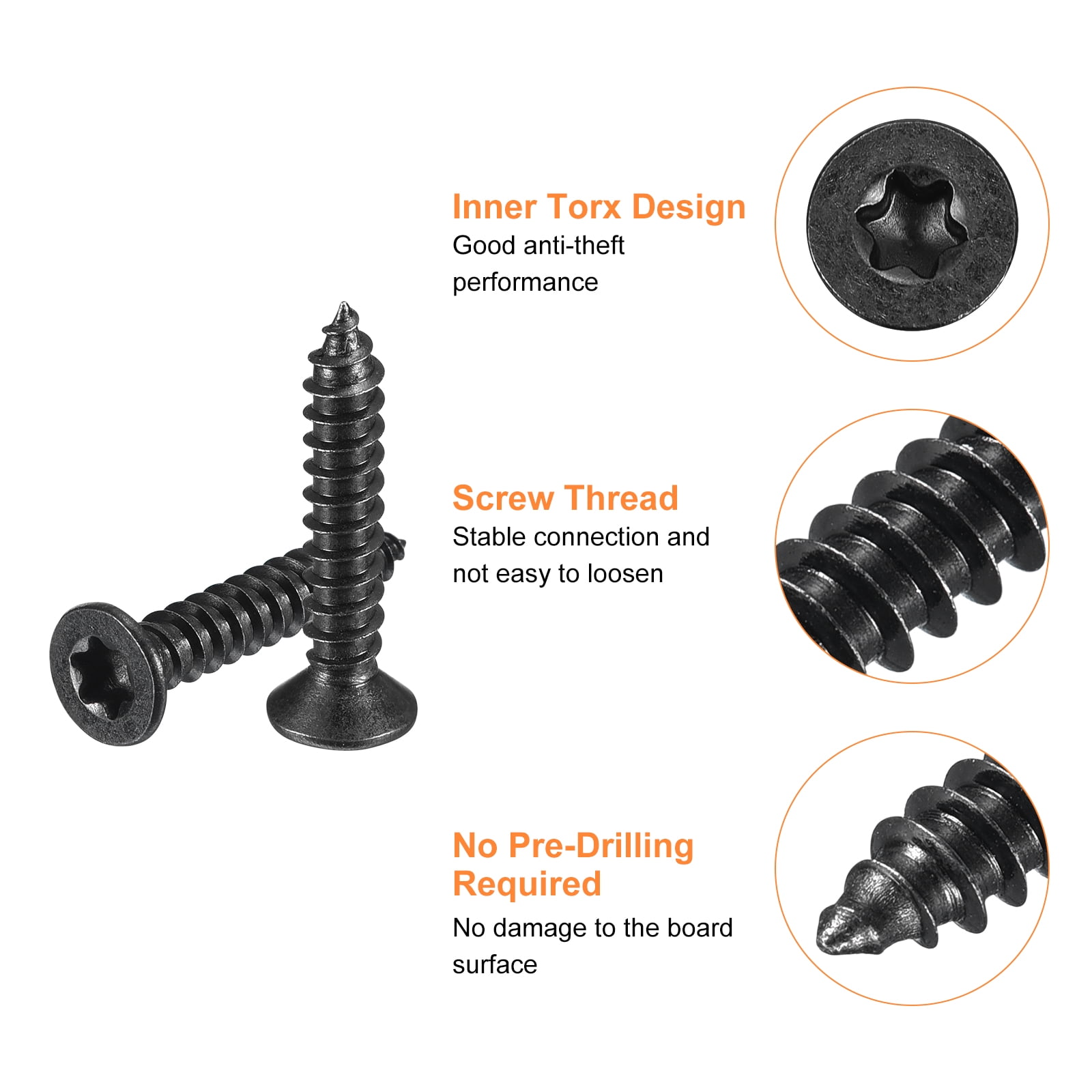 #8 x 7/8-inch Flat Head Torx/Star Wood Screws, 150 Pcs 304 Stainless Steel, Full Threaded, Black Coated, Fit T20 Bit