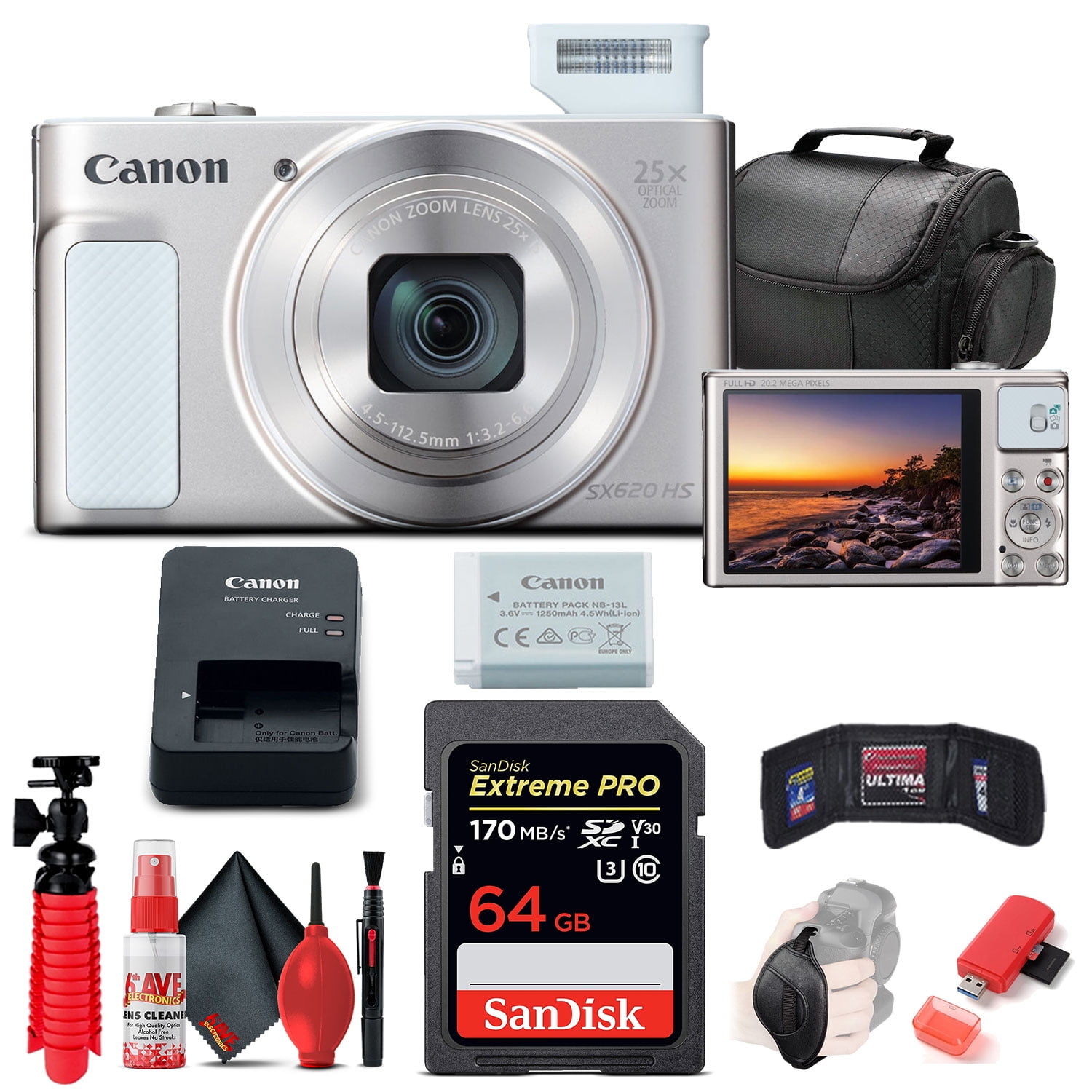 Canon PowerShot SX620 HS Digital Camera (White) (1074C001) + 64GB