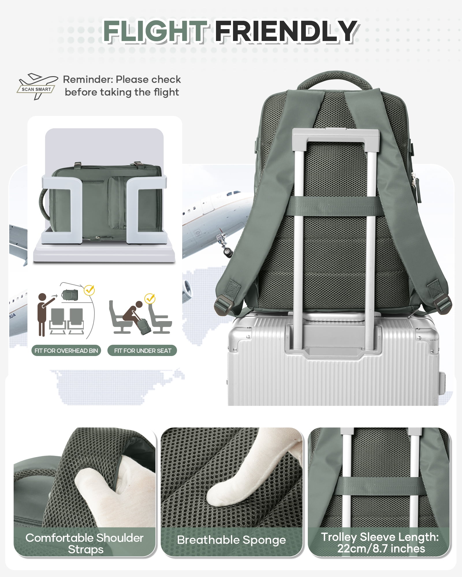 Lightweight Travel backpacks for Adults, Flight Personal Carry on Backpack for Women Men, Approved Airlines Back Pack Carry-ons Mochilas de Viaje, Waterproof Luggage Laptop Backpack Olive-Green