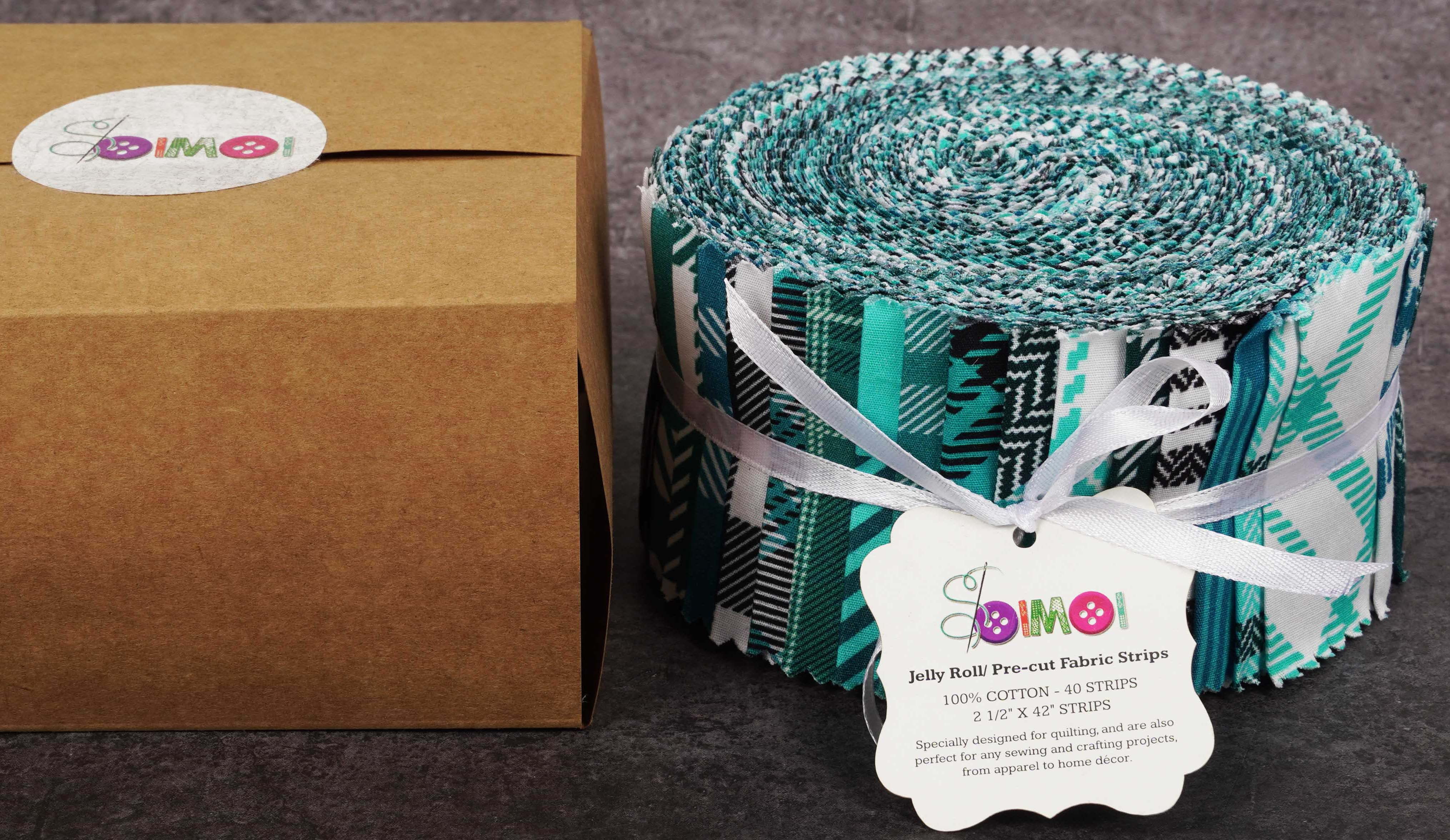 Soimoi 40Pcs Check & Tartan Print Cotton Precut Fabrics For Quilting Craft Strips 2.5x42inches Jelly Roll - Teal Blue