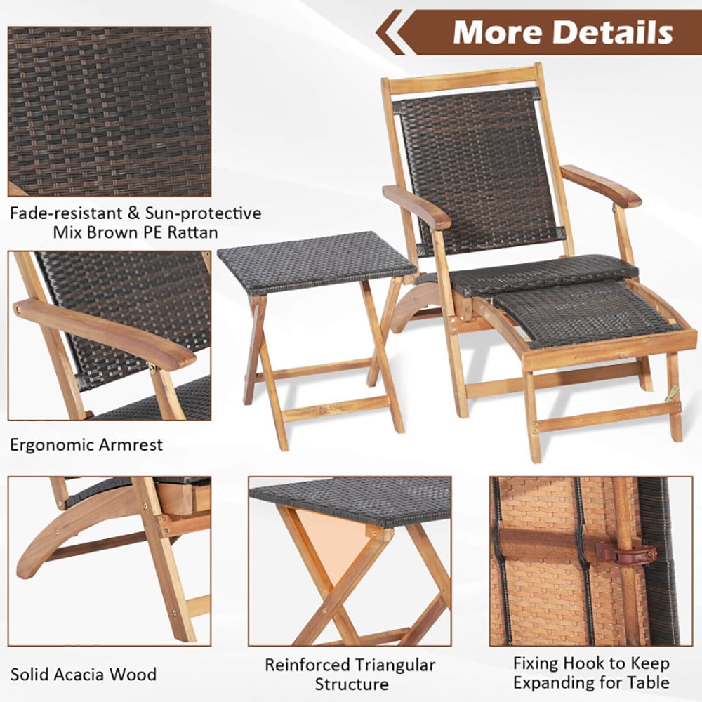 Aimee Lii 2 Pieces Patio Rattan Folding Lounge Chair with Acacia Wood Table, Patio Loungers Aimee Lii 2 Pieces Patio Rattan Folding Lounge Chair with Acacia Wood Table, Patio Loungers