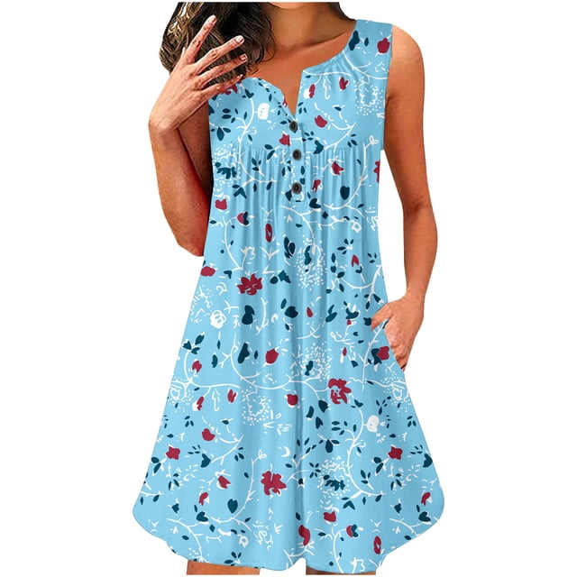 Fankiway Robe d'Été Décontractée pour Femmes, Col en V Sans Manches, Longue Robe de Plage Grande Taille