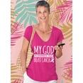 thumbnail image 3 of Breast Cancer Support Christian My God is Stronger Women's V-neck, 2XL, Pink, 3 of 5