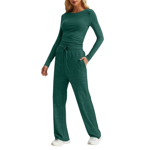 Hugcore Matching Sets Women Clothing Women's Lounge Sets 2 Piece Long Sleeve Casual Yoga Sets Two Piece Y2K Casual Outfits Workout Sets for Women Long Sleeve Blackish Green L