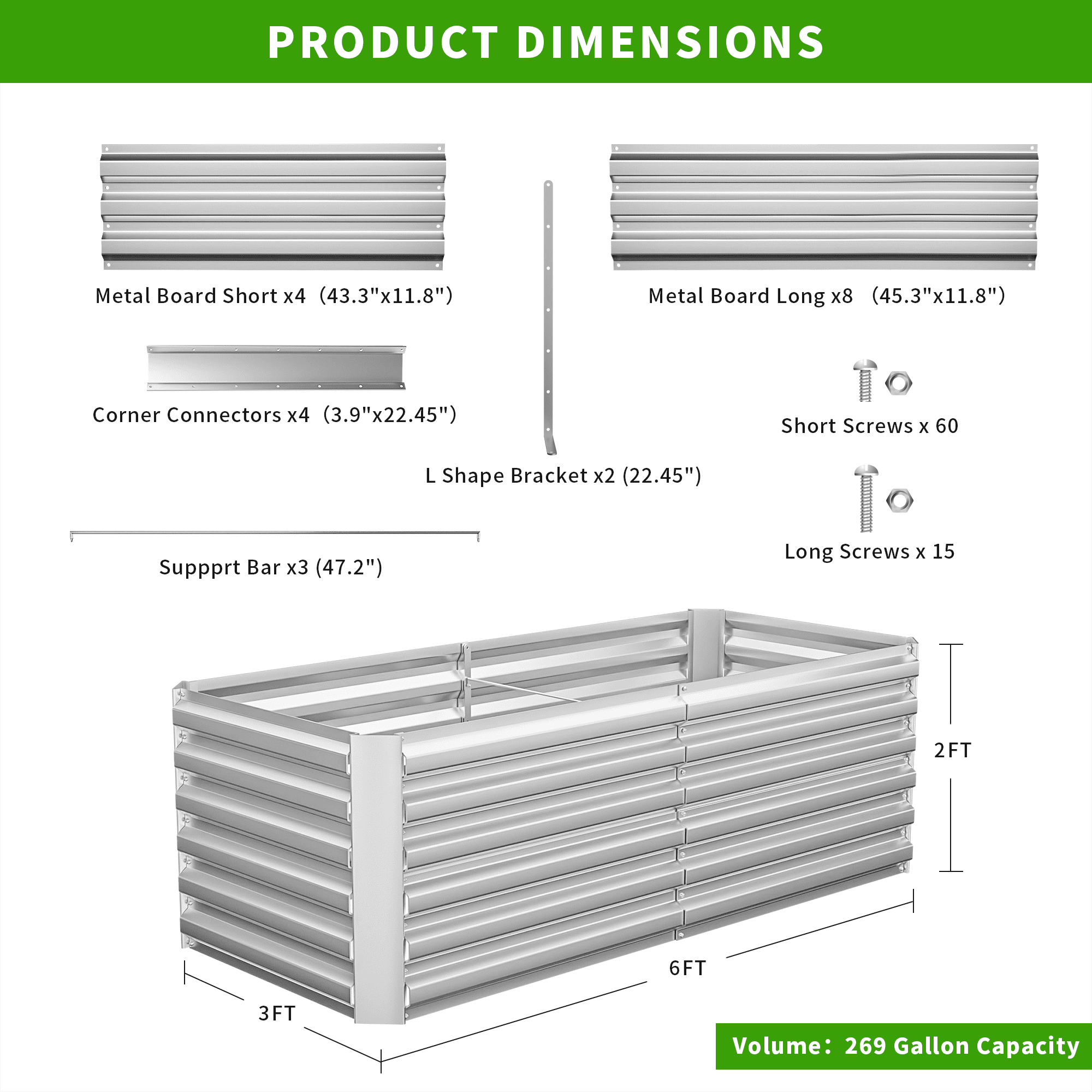 2PCS Outdoor Metal Raised Garden Bed,6x3x2ft Planter Box for Vegetables,Flowers,Herbs w/269 Gallon Capacity,Silver