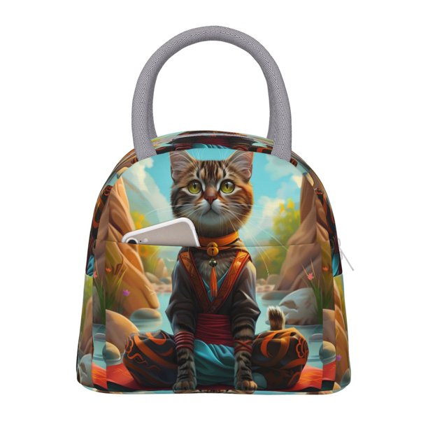 Easygdp Riverside Meditating Cat Bolsa de Almuerzo Insulada Grande, Forro de Aluminio, Diseño Espacioso, a Prueba de Fugas, Ideal para Trabajo, Picnics, Viajes y Actividades al Aire Libre