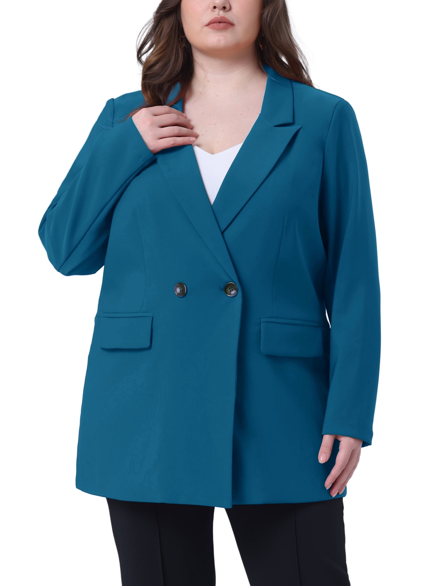DARING DIVA Women's Plus Lapel Button with Pocket Jackets Long Blazer 1X Lake Blue
