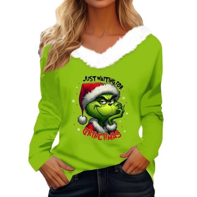 Women's Christmas Long Sleeve V-Neck T-Shirt Floral Pattern Polyester Blend Junior Fall Polyester Blend Junior Fall Winter Tee FN24749