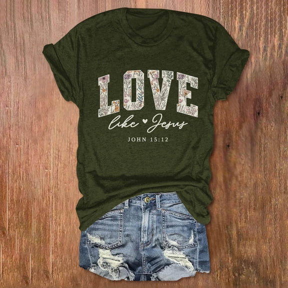 TrendOFT Love Like Jesus Christian Shirts for Women Religious Faith God T-Shirt Bible Verse Inspirational Graphic Tees Army Green L