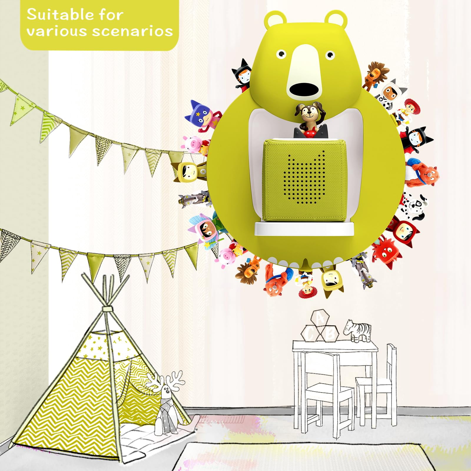Tnvodejo for Toniebox Creative Bear Children's Magnetic Floating Shelf and for Tonies for 30-48 Figures - Wall Shelf for The Music Box - for Playing and Collecting - for Children's Baby Rooms (Green)