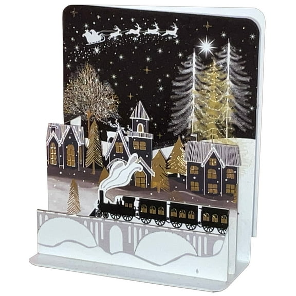 Pictura Train, Village and Santa's Sleigh Flying Across the Night Sky 4 3/4 Inches Tall 3D Pop-Up Christmas Card