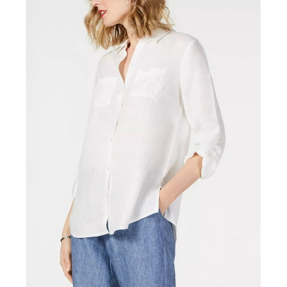 Charter Club Women's Linen Button Front Shirt White Size Petite X-Large