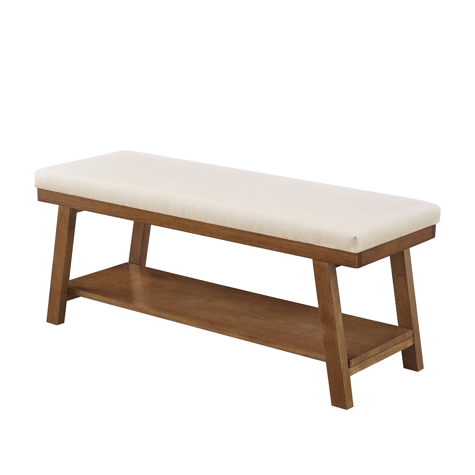 Leumius Upholstered Bench with Storage Shelf,Modern Linen Fabric with Cushioned Seat for Bedroom, Entryway, Living Room,350 lbs Capacity,Ivory
