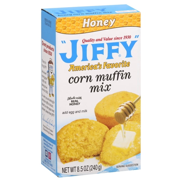 "JIFFY" Honey Corn Muffin Mix bakes into a sweet, golden muffin or