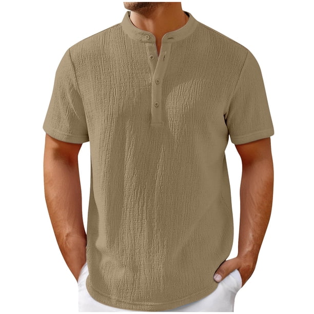 pstuiky camisetas camisas para hombre, Camisa de manga corta con cuello alto y botones, holgada, informal, de color liso y a la moda para hombre camisas casuales para hombre xl