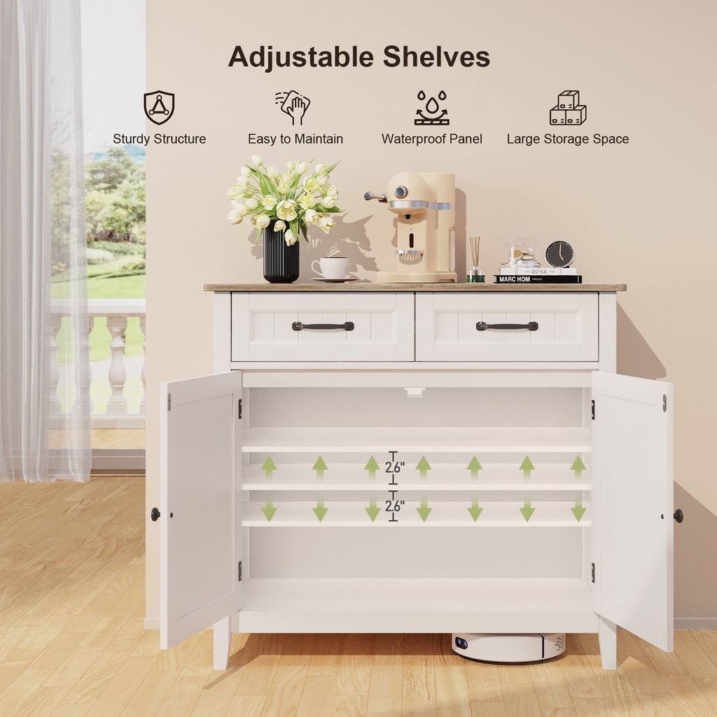 Coffee Bar Cabinet, Aiho 35" Farmhouse Kitchen Pantry Storage Cabinet, 2 Drawers, Adjustable Shelf - White+Gray