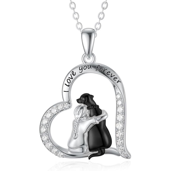 DVEATR Animal Necklace 925 Sterling Silver I Love You Forever Hugging Cat Dog Pendant Necklace for Women Gifts