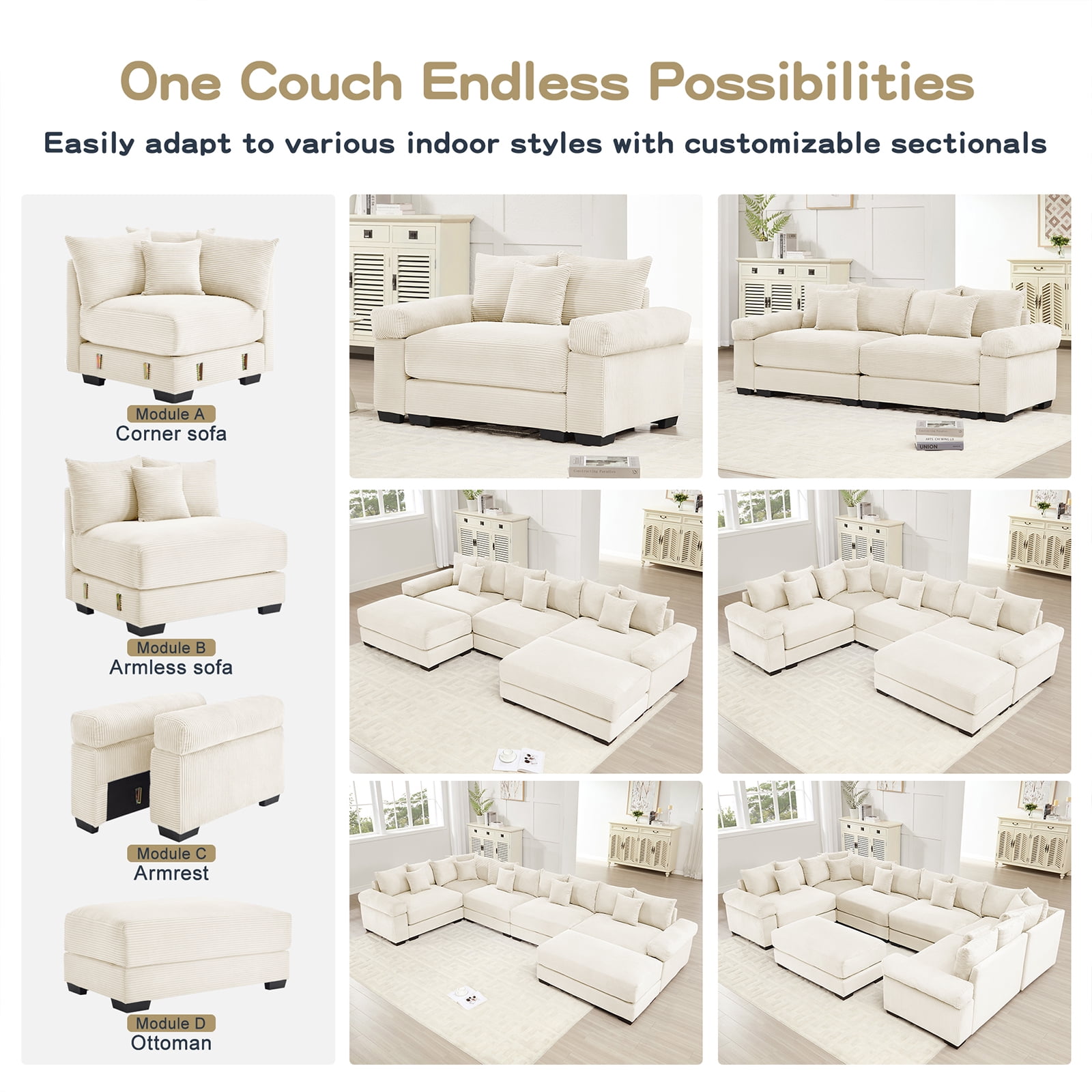 142" Modern Corduroy Sectional Couches for Living Room, Comfortable Corner Couch Sofa, Beige 4 Seater Corner Couch with 1 Ottoman for Flexible Layout, Muebles para la Sala