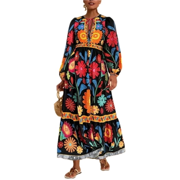 Women's Floral Tie Waist Long Sleeve Dress 100% Polyester Elegant Everyday Wear Perfect for Casual and Dressy Chic