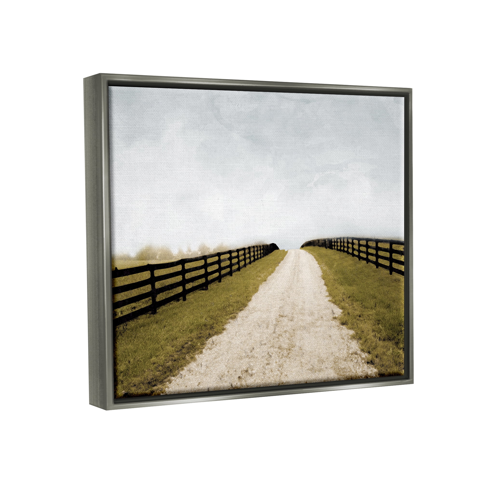 Stupell Industries Farmland Path with Fence Landscape Painting Gray Floater Framed Canvas Art Print Wall Art, 21 x 17