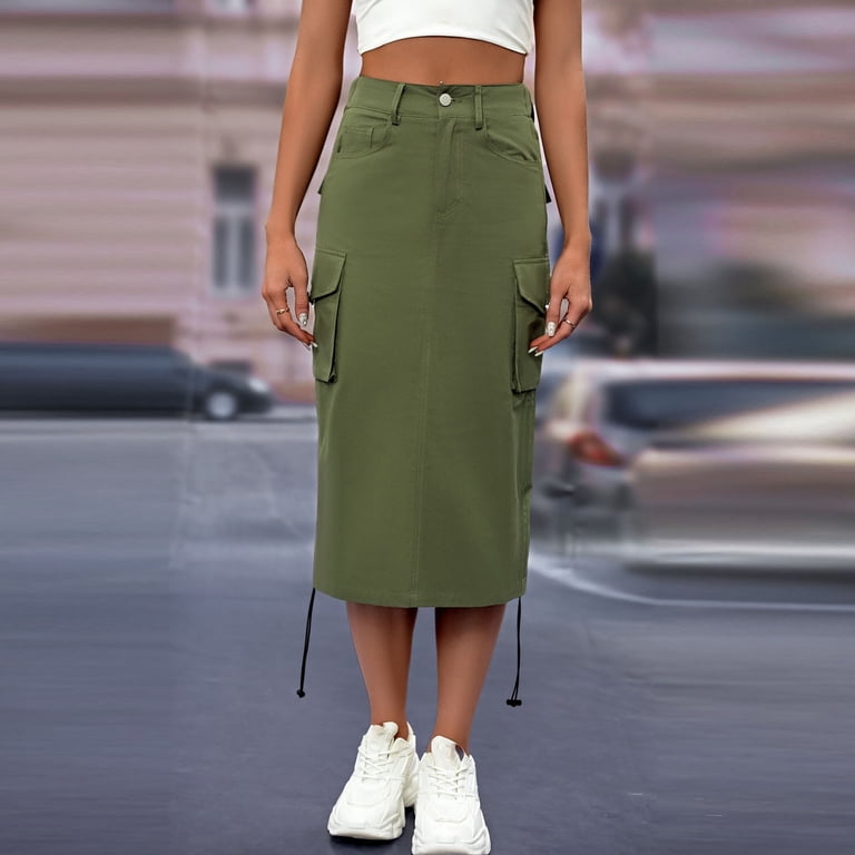 Kaemgyyd Womens Cargo Skirt Fashion High Waist Button Pencil Midi