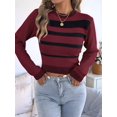 thumbnail image 6 of Women Casual Color Block Stripe Ribbed Crew Neck Slim Cropped Long Sleeve Knit Pullover Sweater Wine Red M, 6 of 10