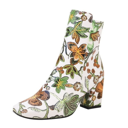 

Mackneog Ladies Autumn And Winter Elegnt Embroidered Printing Retro Thick Heel Round Toe Zipper ComfortableNot To Wear Feet In The Boots Gift on Clearance