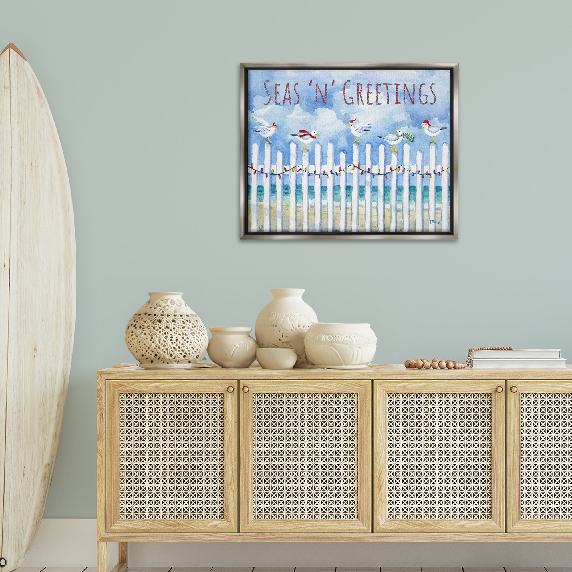 Stupell Industries Seas 'n' Greetings Seagulls Holiday Painting Gray Floater Framed Canvas Art Print Wall Art, 31 x 25