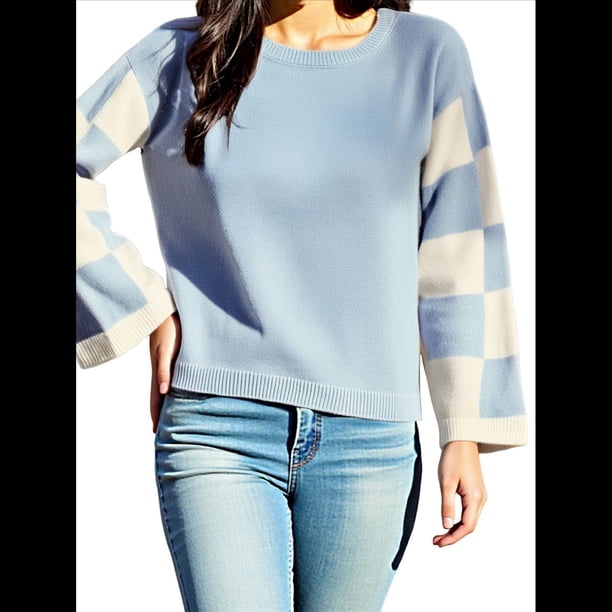 Suéter Informal de Mujer con Bloques de Color y Cuadros, Cuello Redondo, Larga, Jersey de Punto Corto. Azul L