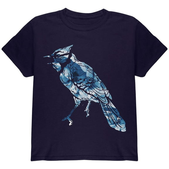 Spring Flowers Blue Jay Bird Youth T Shirt Navy YSM
