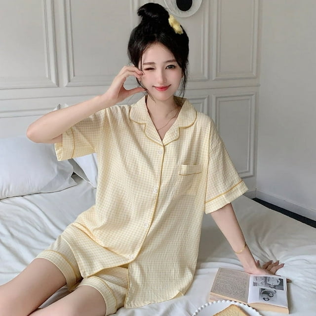 Girls Pink Plaid Embroidered Puppy Cloud Cotton Summer Pajamas Three Piece Set