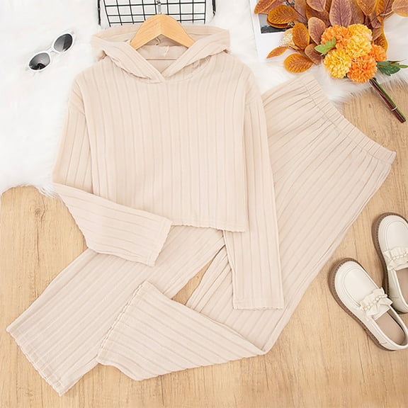 Kids Girls Ribbing Long Sleeve Sweatshirt Tops and Pants Set 2 Outfits Sweat Suit for Teen Girls