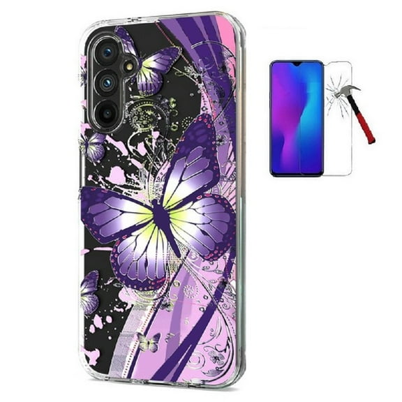 Phone Case for Samsung Galaxy A25 5G, Butterfly Design Transparent Shock-Resistant Hybrid Case Cover   Tempered Glass (Purple)