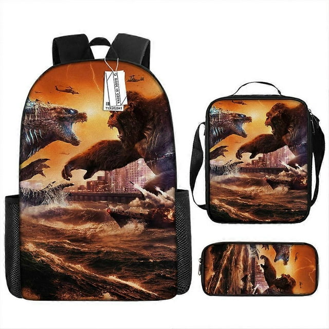 Mochila con estampado de Godzilla, juego de 3 piezas, mochila para portátil de 17 pulgadas, mochila escolar, mochila de viaje multifuncional unisex