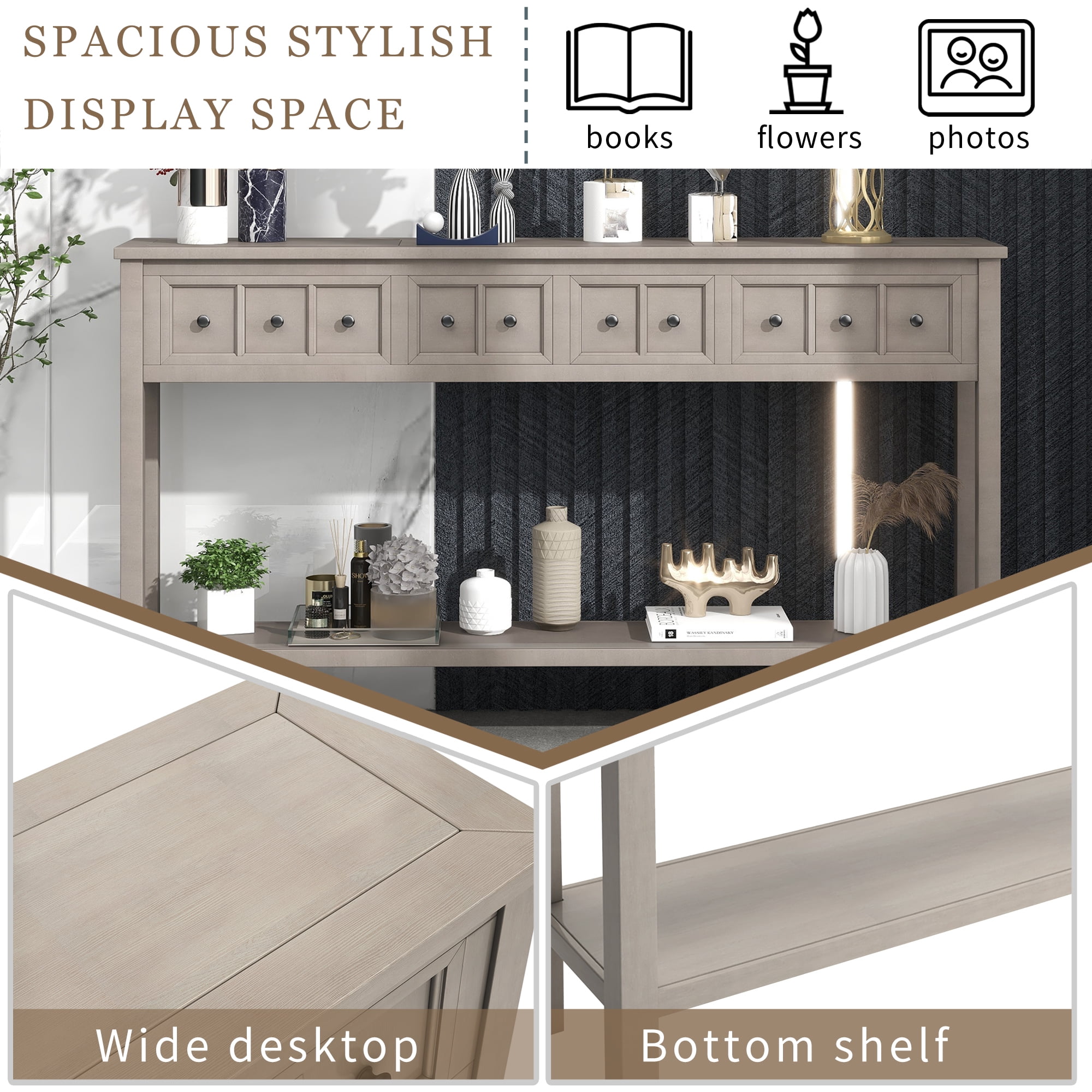 60in Entry Console Table with 4 Drawers and Bottom Open Shelf, Entryway Hallway Foyer Sofa Table, 220lbs Weight Capacity (Gray Wash)