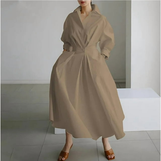 Women's Polo Collar Long Sleeve Maxi Dress - Ankle-Length, Elastic, Button Detail, Polyester