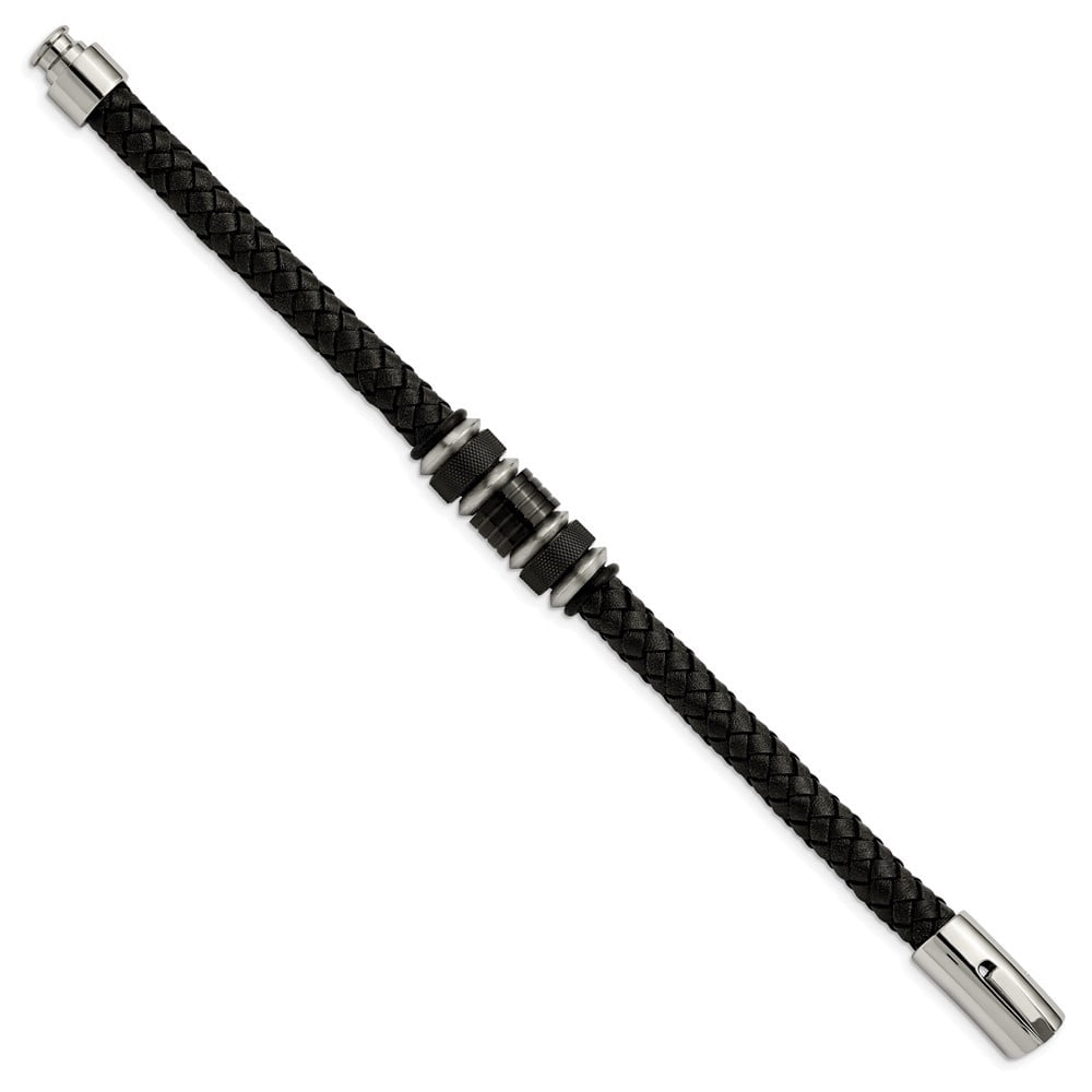 Diamond2Deal Stainless Steel Black IP-Plated Black Braided Leather and Rubber Bracelet for Men 8.5"