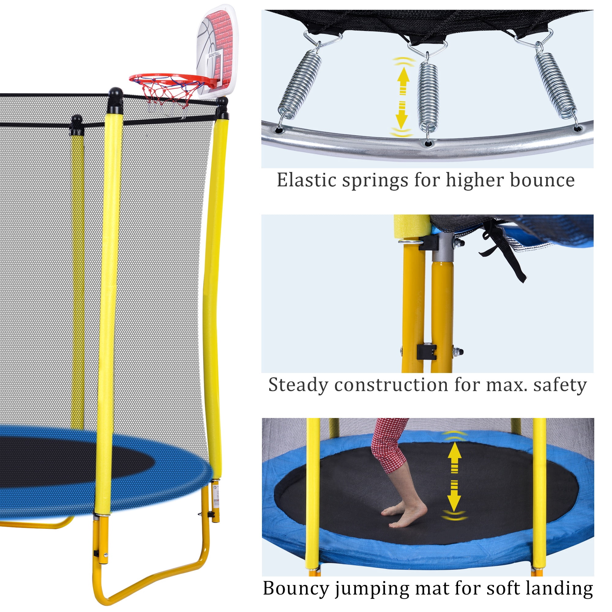 Seizeen 5.5' Trampoline for Kids, 2-IN-1 Mini Toddler Trampoline with Enclosure, Basketball Hoop and Ball, Yellow