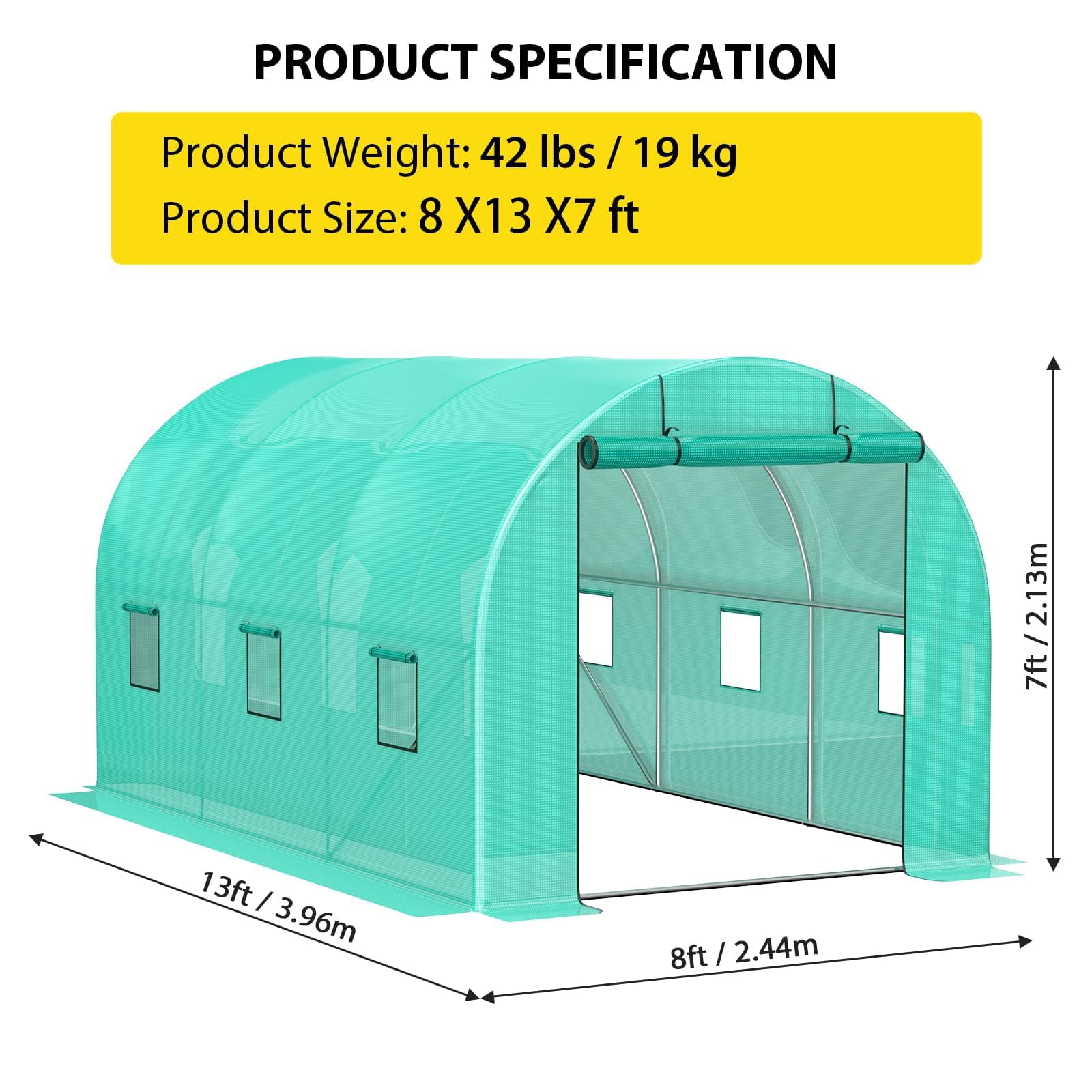 8x13x7FT Walk-in Greenhouse, Galvanized Steel Frame (19x0.6 Pipes) with 6 Mesh Windows & Full Zipper Door, Portable Tunnel Tent for Outdoor Use
