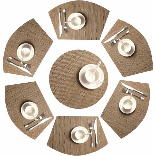 Juego de 7 manteles individuales con forma de esquina, 1 tapete de mesa de vinilo lavable, resistente al calor, redondo central (bambú tostado)