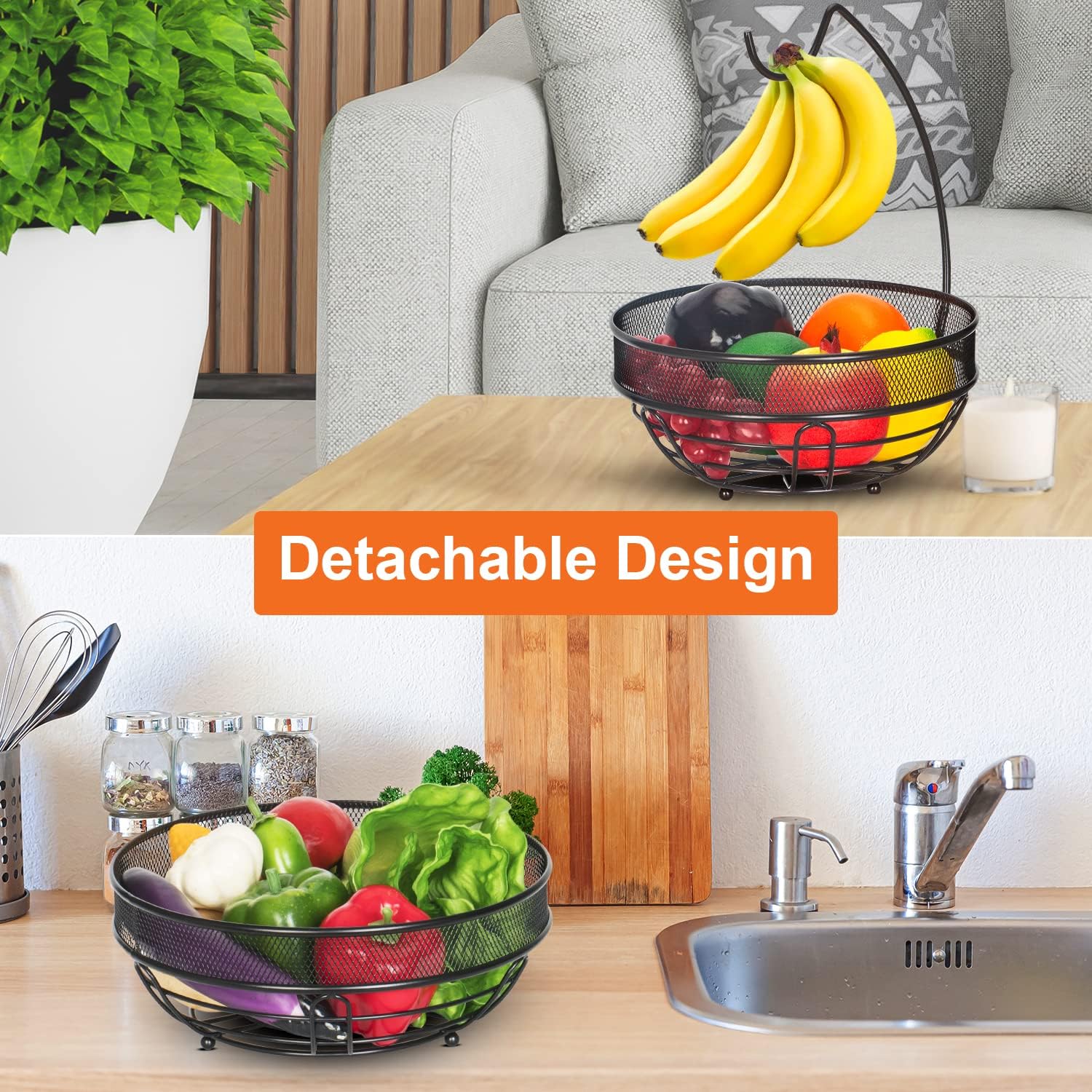 Fruit Basket, Fruit Bowl 2 Tier Fruit Rack for Kitchen, Fruit Bowl for Kitchen Counter, Detachable Fruit Holder with Banana Hanger - Black