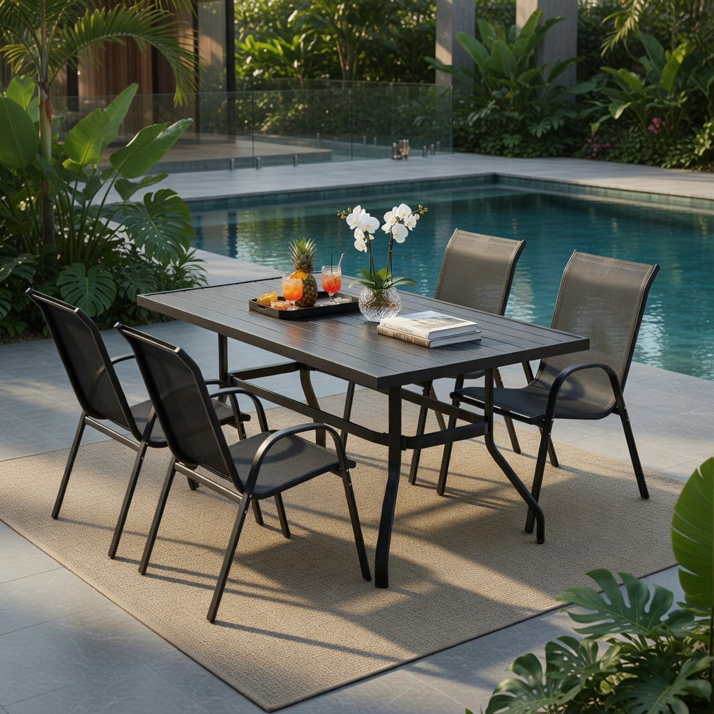 Hommoo 4-Pack Stackable Outdoor Dining Chairs with Armrests, Steel Frame, Ergonomic Design for Patio, Deck & Backyard, Black
