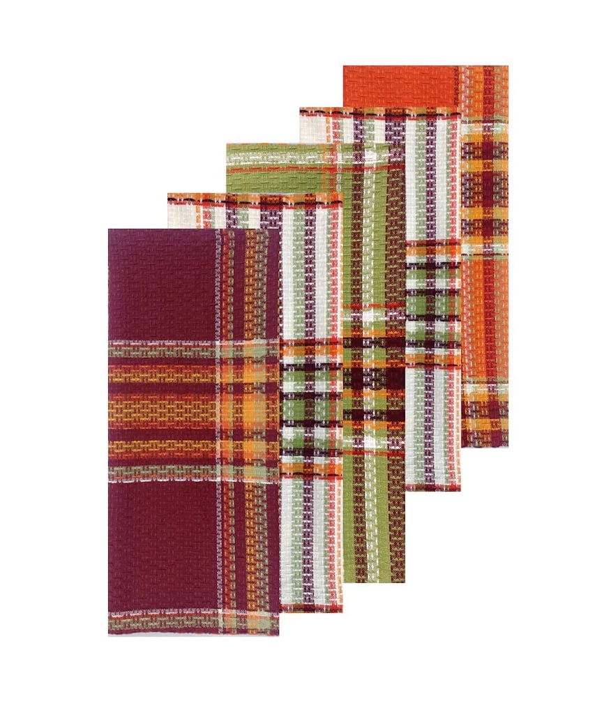 Autumn Plaid Kitchen Dish Towels, Set of 5 Cotton Towels for
