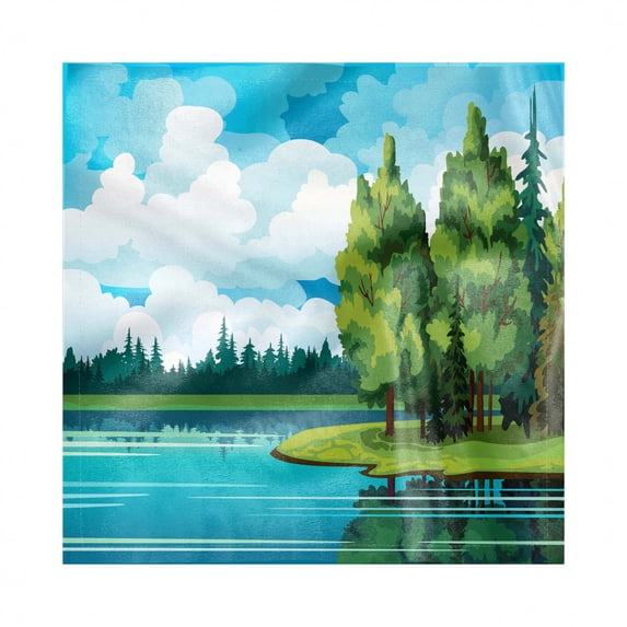 Landscape Decorative Napkins Set of 4, Peaceful Environment Summer Forest Lake and Cumulus Clouds on Blue Sky, Silky Satin Fabric for Brunch Dinner Party, 18", Blue Green and White, by Ambesonne