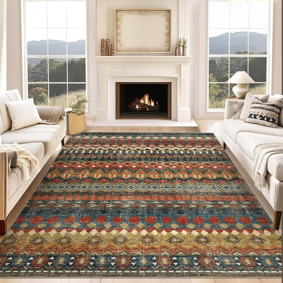 9x12 Washable Low Pile Area Rug, Distressed Geometric for Living Room