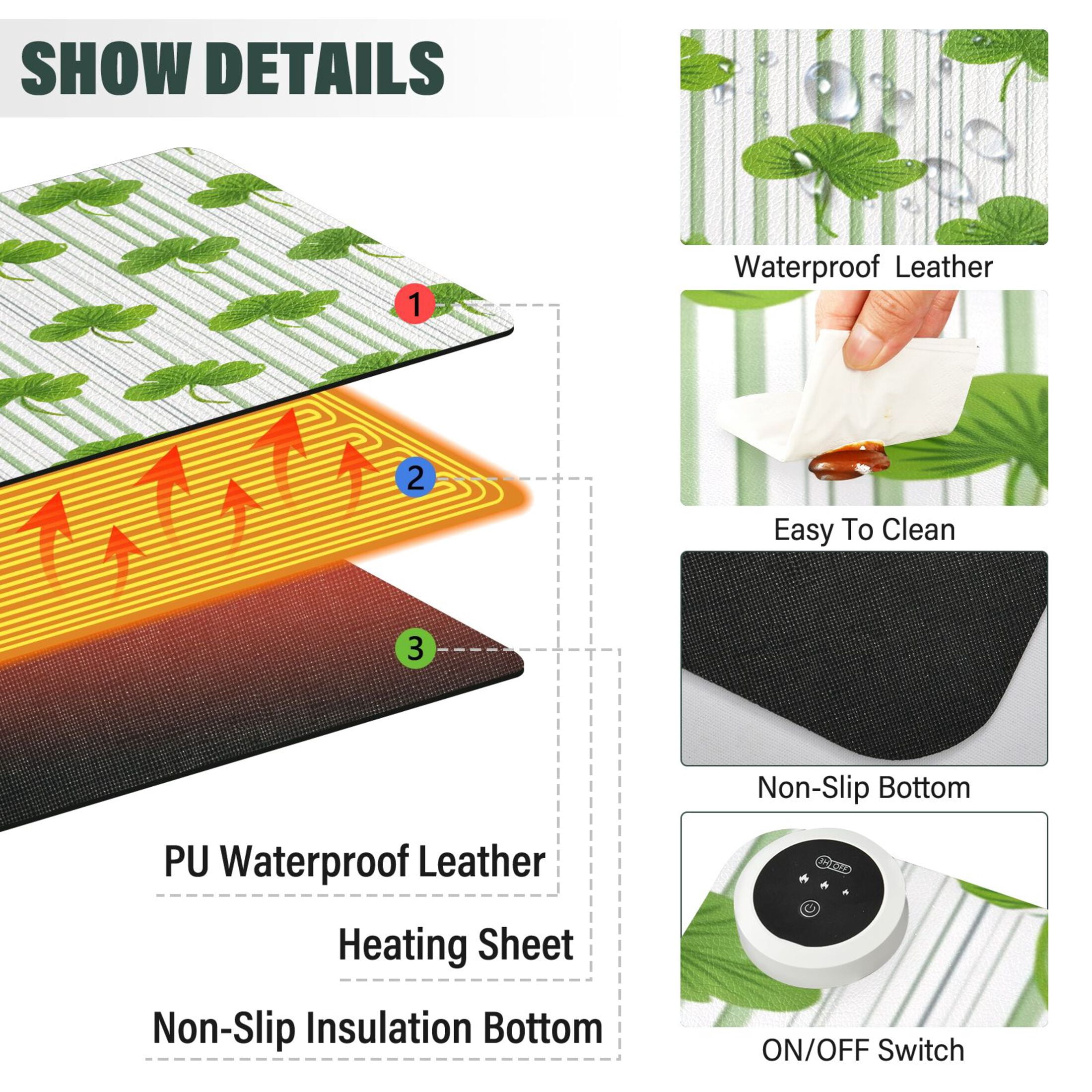 Large Heated Desk Mat Mouse Pad 31.5"x13"PU Leather Graphene Heating Desk Warmer with 3 Temperature Settings 110V US Plug Non-Slip Warm Pad for Home, Office, and Gaming Green Clover Stripe Pattern