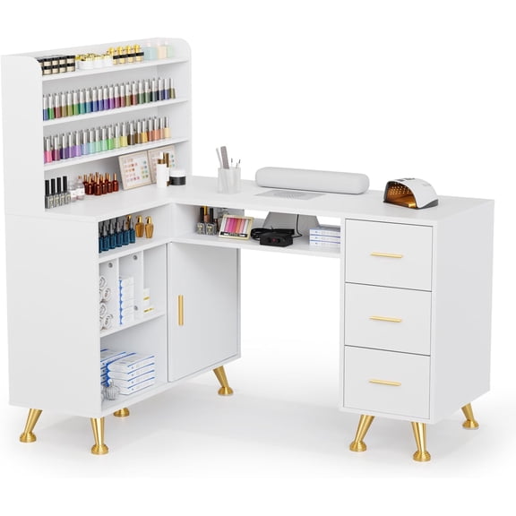 OmySalon L Shaped Manicure Table with Dust Collector, 52" L Corner Nail Desk for Nail Techs, w/Polish Display Rack Arm Rest, Acetone Resistant Top, Drawer and Cabinet Storage, for Nail Salon