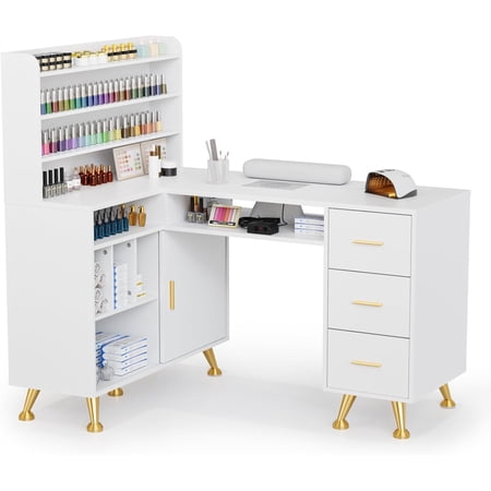 OmySalon L Shaped Manicure Table with Dust Collector 52 L Corner Nail Desk for Nail Techs w/Polish Display Rack Arm Rest Acetone Resistant Top Drawer and Cabinet Storage for Nail Salon